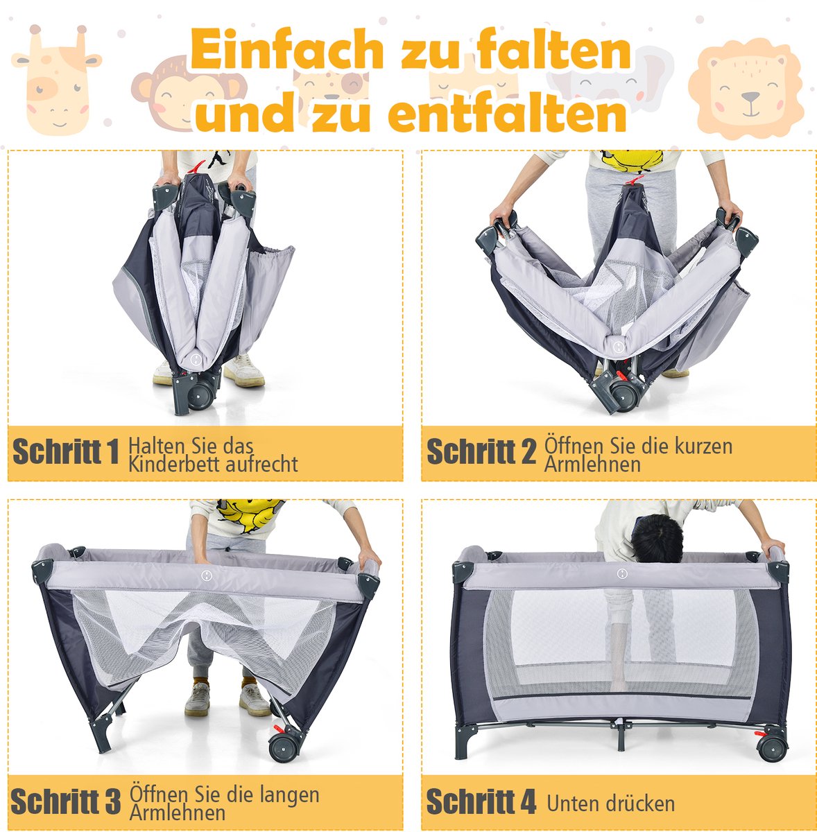 COSTWAY Campingbedje, 4 in 1 inklapbaar reisbed met commode, mobiel ledikanten baby met matras, speelboog, muziekdoos, klamboe, luier mandje en draagtas 60 x 120 (grijs) – foto 3