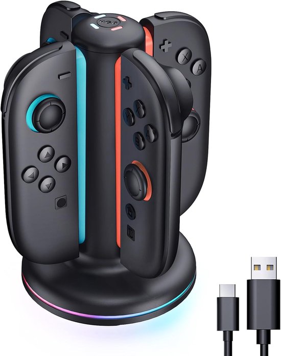 PlayCool Quad Charger voor Nintendo Switch 2 – Oplaadstation voor 4 Joy-Con Controllers met RGB-verlichting en LED-indicator