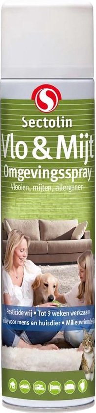 Sectolin Vlo & Mijt Omgevingsspray: Vlooien, mijten, allergenen. Met een vrouw, kind en hond op een bank.