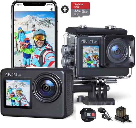 JC's - Action Camera 4K - Vlog camera- Touchscreen - Dual screen - 32GB SD kaart - Dual Batterij Lader - Afstandbediening - Externe microfoon - EIS Stabilisatie - Action Camera's