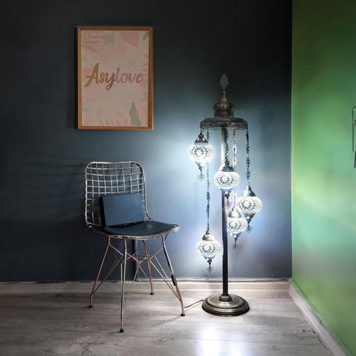 Handmade Turkse lamp - vloerlamp met 5 bollen - mozaïek design - sfeervolle verlichting in wit