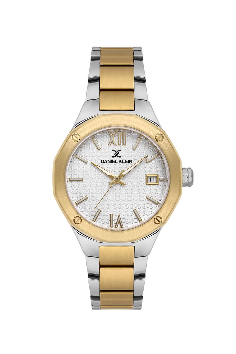 Daniel Klein DK.1.13938-5 - Horloge - Polshorloge - Analoog - Dames - Vrouwen - stalen band - Dodecagon - Metaal - Datumaanduiding - Streepjes - Romeinse Cijfers - Zilverkleurig -Goudkleurig