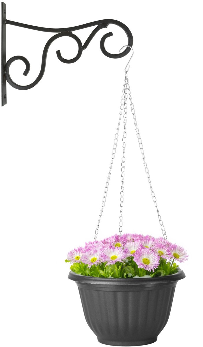 Hangpot + Muurhaak Gerona - Antraciet - kunststof - metaal - D20 cm - tuinaccessoires