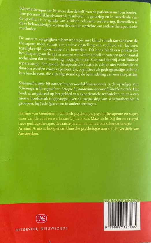 Achterkant boek 'Schematherapie bij borderline-persoonlijkheidsstoornis' met tekst en ISBN.