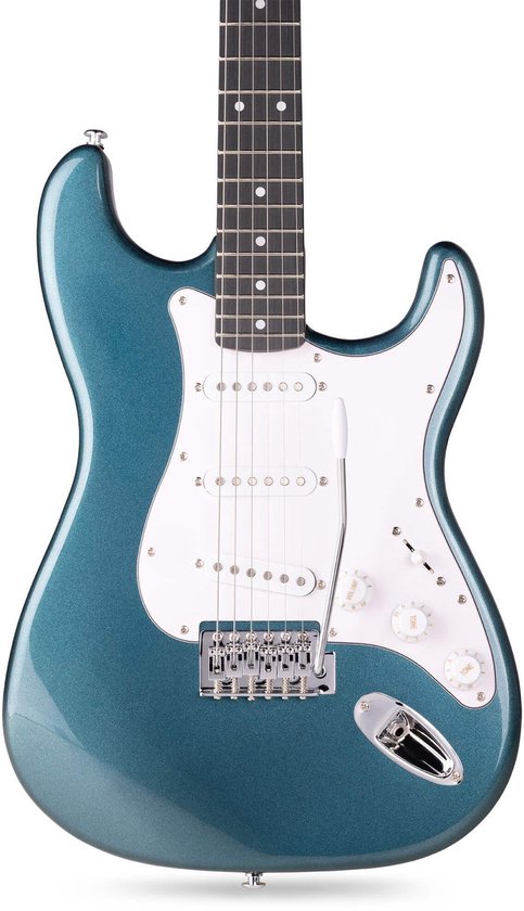 Detail van de body van een petrolkleurige elektrische gitaar met witte slagplaat en chromen hardware.
