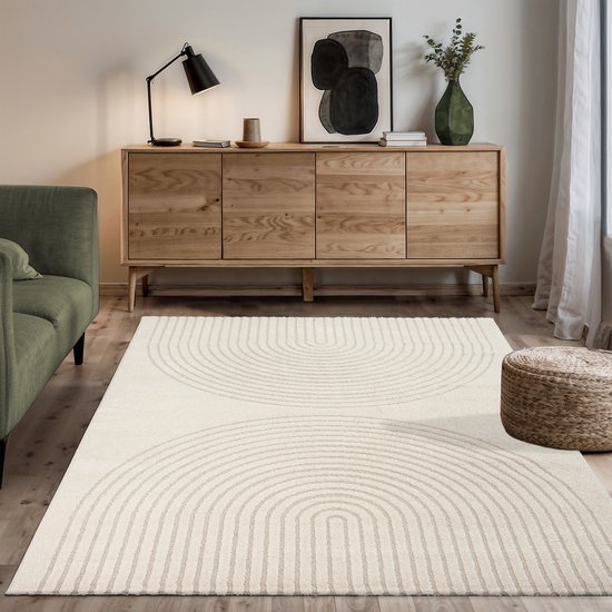 the carpet Elisa – zacht hoogpolig woonkamer vloerkleed, modern design tapijt met geometrisch patroon, crème, 140 x 200 cm