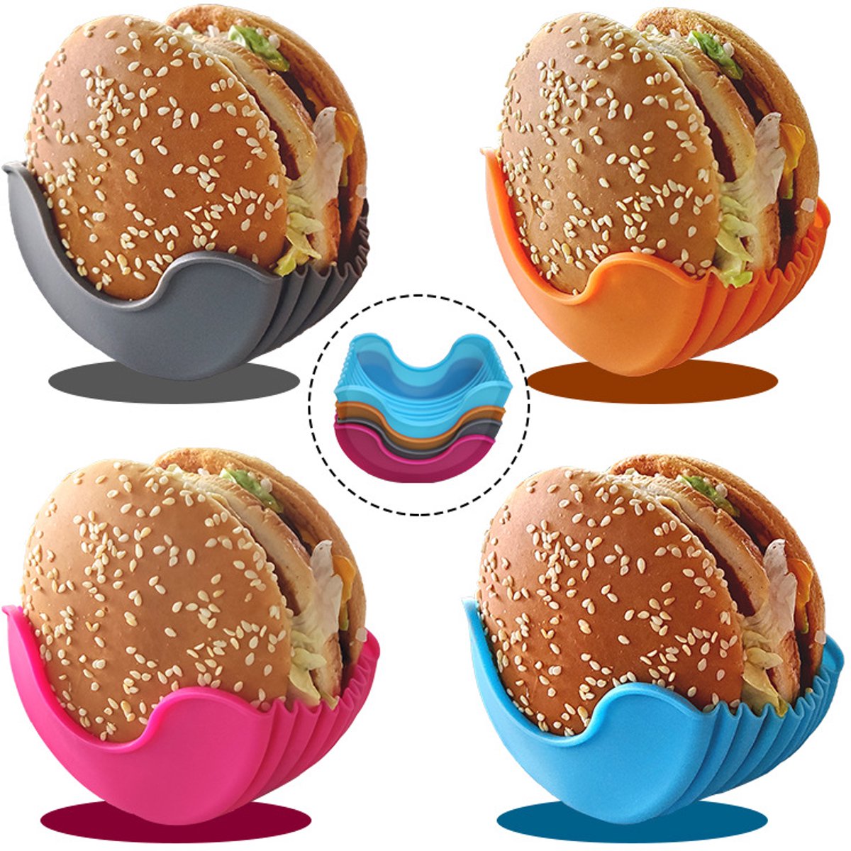 Siliconen Hamburgerhouder – Set van 4 – Herbruikbare Burger Buddy – Anti Knoei & Vaatwasser Bestendig – Voor Thuis & BBQ - Keukenhulp - Herbruikbaar - Duurzaam
