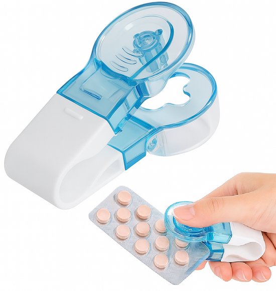 Blauwe en witte pillenpers met een tabletstrip.