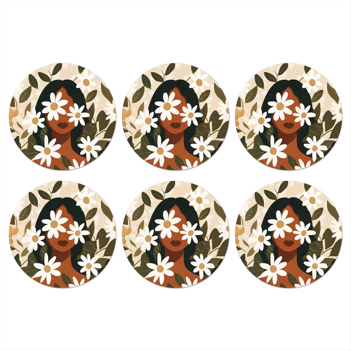 Onderzetters voor glazen - Rond - Illustratie - Vrouw - Madeliefjes - Wit - 10x10 cm - Glasonderzetters - 6 stuks