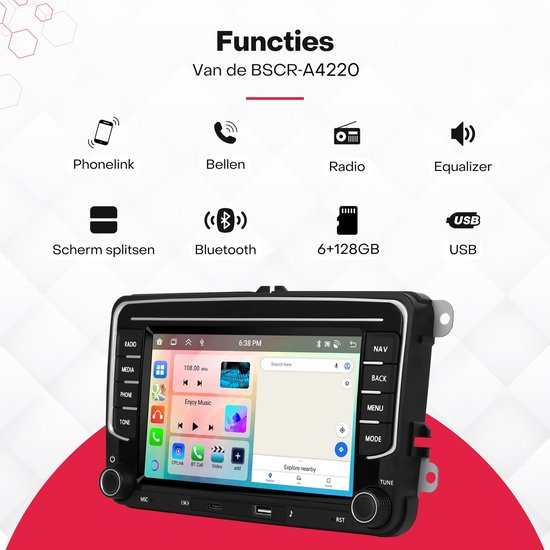 Scherm met functies: Phonenlink, Bellen, Radio, Equalizer, Scherm splitsen, Bluetooth, 6+128GB, USB.