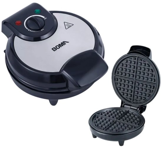 Zwarte wafelmaker met gesloten deksel en open deksel, beide met ronde bakplaten met vierkante wafelpatronen.