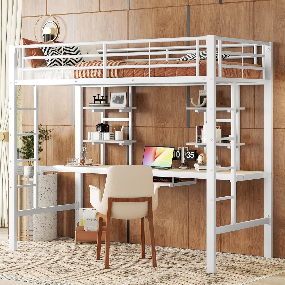 Hoogslaper 90x200 cm met bureau en twee boekenplanken - kinderen - tieners en volwassenen - wit