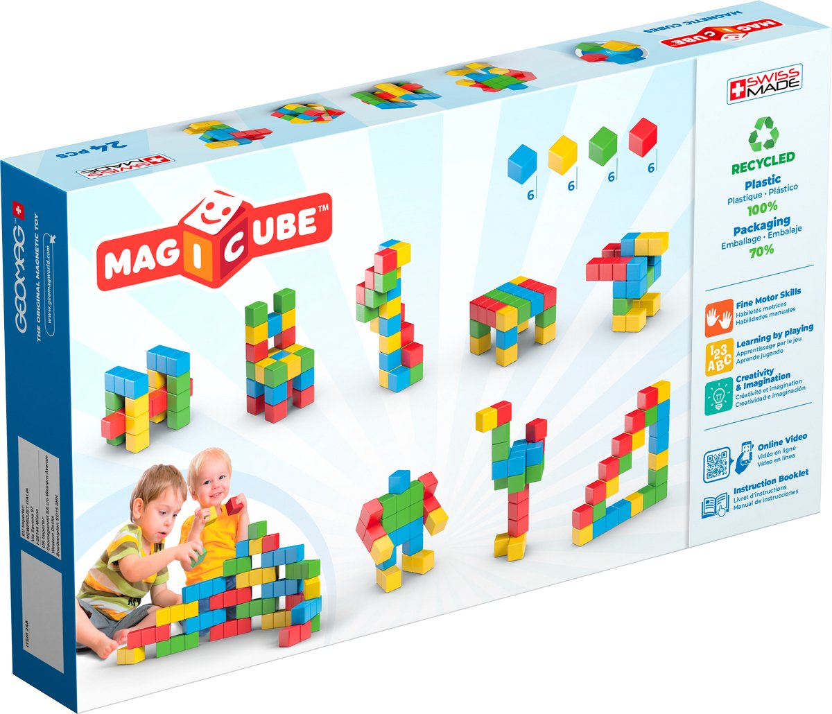 Geomag - Magicube 1 Full Color - Magnetische Bouwblokken voor Kinderen - 4 Kleuren - 64 Blokken - 1-5 Jaar - 100% Gerecycled Plastic