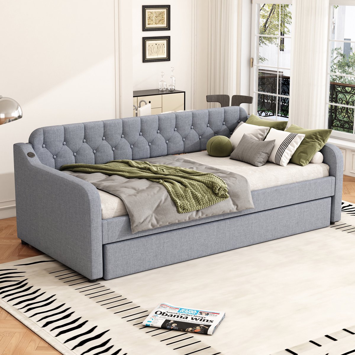 Merax 90x200 cm slaapbank - met uitschuifbare rolbed - USB-poort - grijs - zonder matras