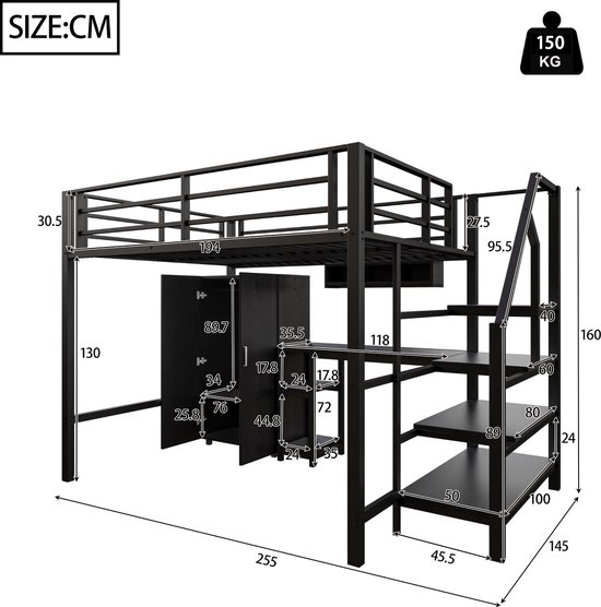 Lit Mezzanine 140x200 Cm Avec éclairage LED, Bureau, Armoire Ouverte Structure En Metal Noir Sans Matelas 93347615