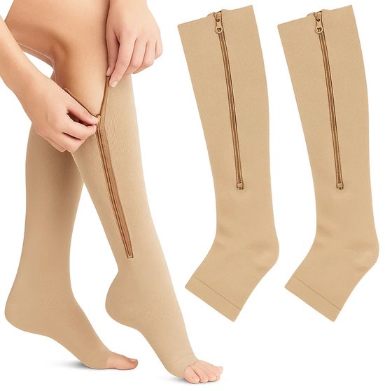Compressie Kousen Met Rits I Compressie Sokken I Steunkousen I Vliegtuigsokken I Anti Vermoeidheid I Maat L/XL (40-45) I Beige