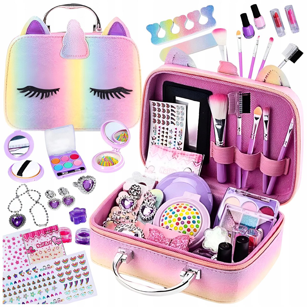 Kinder Make-up Cosmetica Speelgoedset - Inclusief Spiegel, Kwast, Nagelvijl, Oogschaduw, Glitter, Lippenstift, Nagellak, Hanger, Ring
