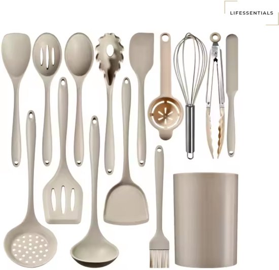 LIFESSENTIALS 15-delige Keukengerei Set – Siliconen & RVS – Hittebestendig – BPA Vrij – Vaatwasserbestendig
