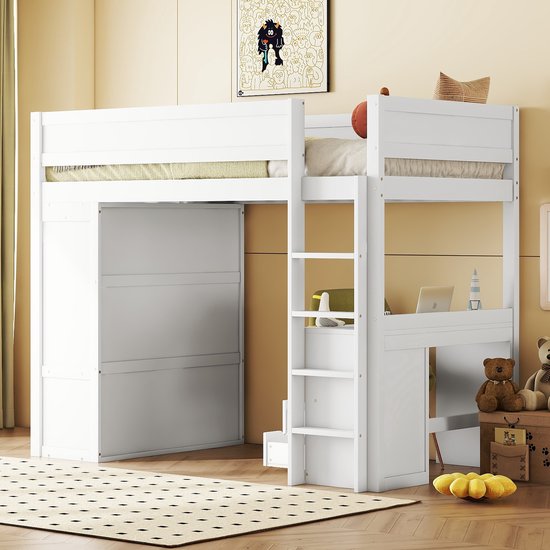 Lit mezzanine 90x200 cm - lit enfant multifonctionnel avec armoire, bureau et tiroirs - blanc
