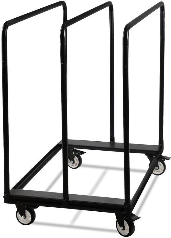 Een zwarte steekwagen met een zwart frame en vier wielen, op een witte achtergrond.