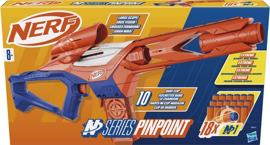 Doos van de Nerf N-Series Pinpoint blaster met oranje en blauwe kleuren, met 18 darts.