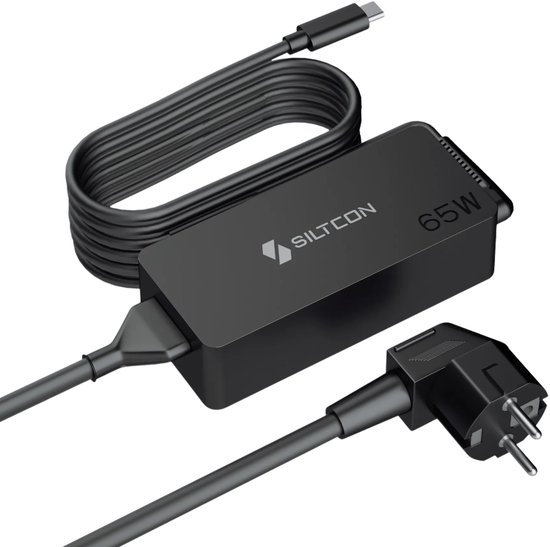Zwarte 65W USB-C oplader met een gekruld snoer en een haakse stekker.