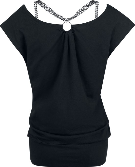 Zwart T-shirt met wijde halslijn, kettingdetail en metalen ring op de rug.