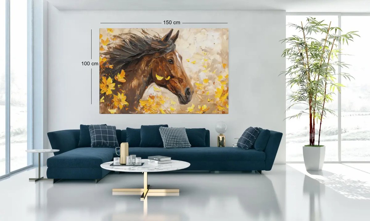 Trendex Global Canvas Schilderij - Paard met Gele Bloemen - Print op Doek - 60x40 cm Wanddecoratie Bruin