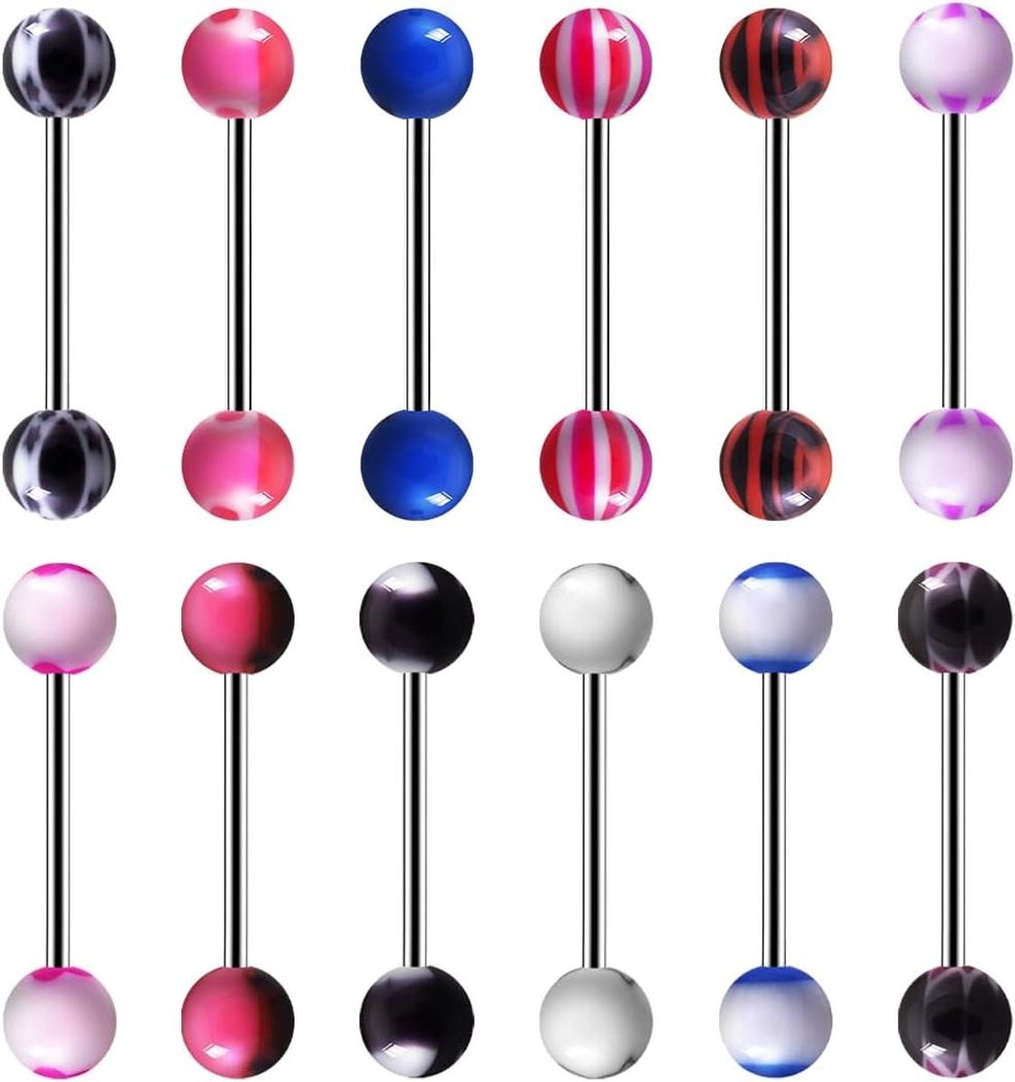 Allecto Plus - 12 stuks plastic tongpiercings voor tepelpiercing halters met bal - Kleurrijk assortiment van sieraden