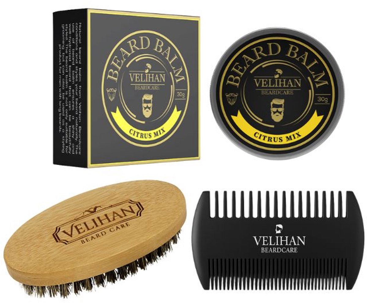 Velihan Beardcare - Baardverzorging Trio Pack - Baardbalsem Citrus Mix 30g, Baardborstel en Baardkam - Baardverzorging set - Cadeau voor hem - Baardverzorging - Baard olie - Cadeau voor vriend - Baardgroei - Perfecte cadeau voor man