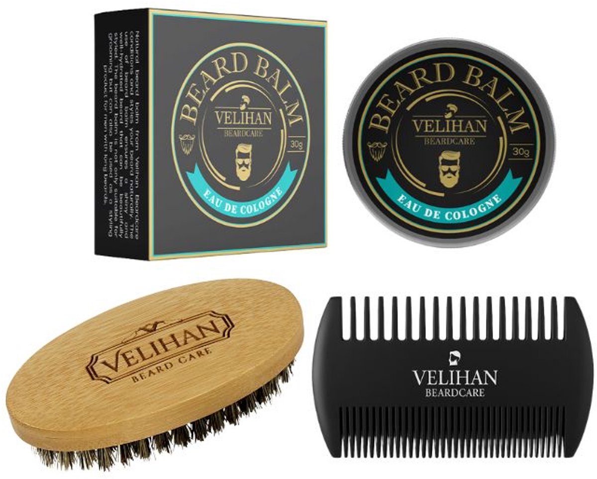 Velihan Beardcare - Baardverzorging Trio Pack - Baardbalsem Eau De Cologne 30g, Baardborstel en Baardkam - Baardverzorging set - Cadeau voor hem - Baardverzorging - Baard olie - Cadeau voor vriend - Baardgroei - Perfecte cadeau voor man