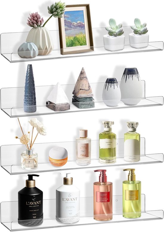 Étagères suspendues transparentes - rangement mural pour livres - lot de 4 - acrylique - 38 cm