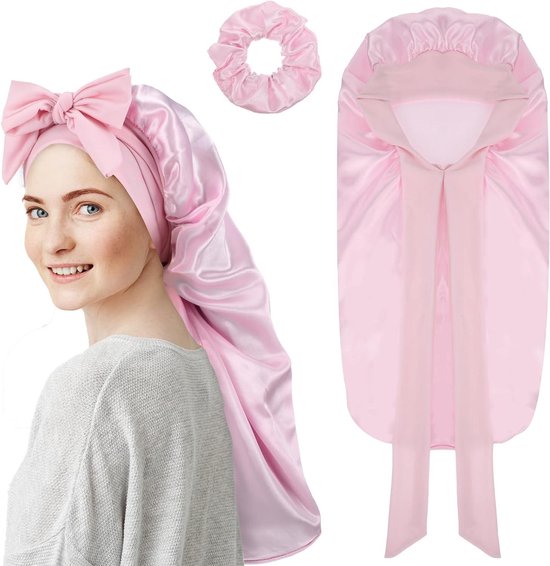 BONNET QUEEN 4 Stuks Dubbelzijdige Omkeerbare Zijden Slaapmuts met Verstelbare Elastische Band, Nachtmuts voor Dames voor Krullend Lang Natuurlijk Steil Haar Pruiken, Roze