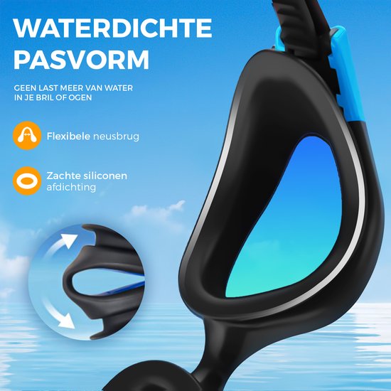 Kyrox zwembril met blauwe en zwarte accenten, met flexibele neusbrug en zachte siliconen afdichting voor waterdichte pasvorm.