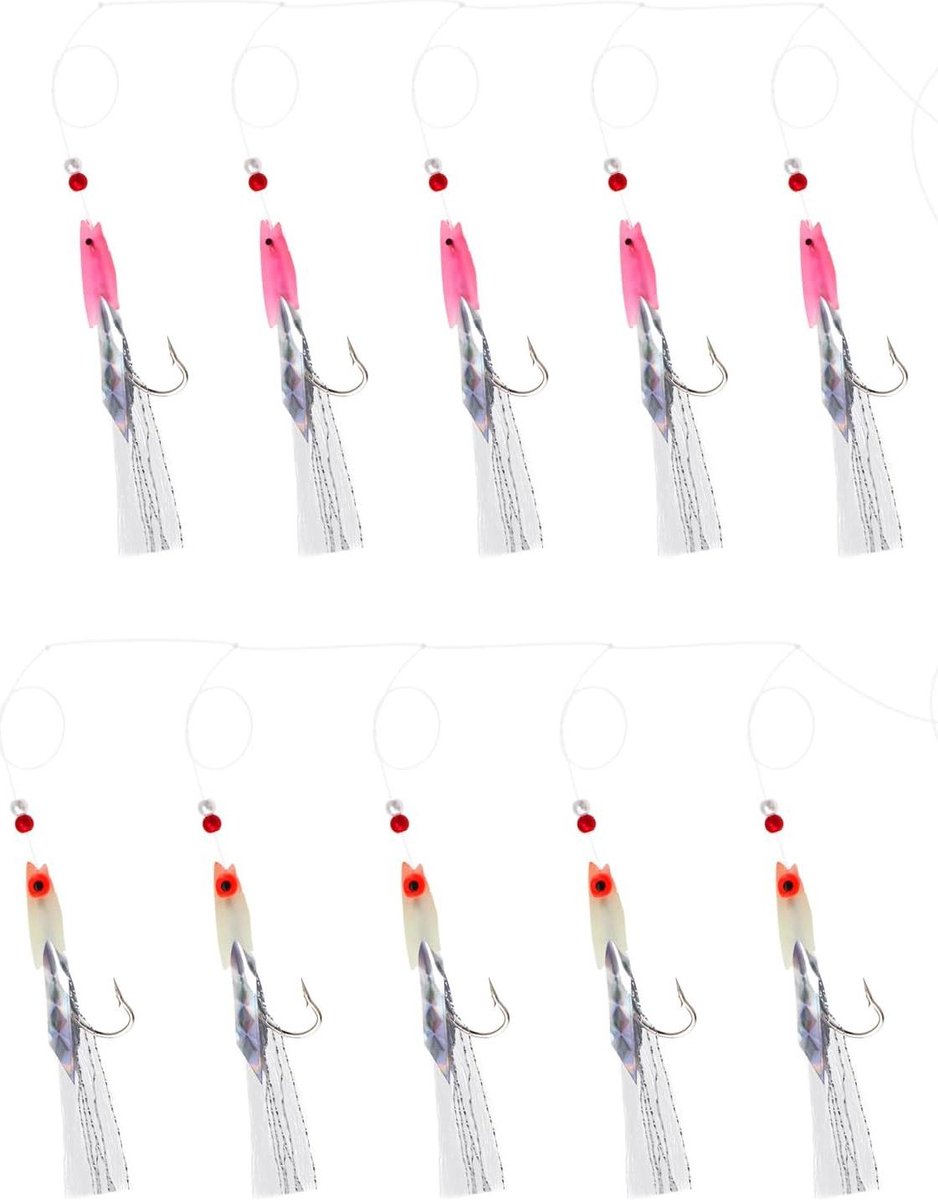 Allecto Plus - 10-delige set Lichtgevende Vishaak met Visveer - Voor Makreel, Pollock, Kabeljauw - Zeevissen Accessoires - 5 Wit + 5 Roze - Bas, Kabeljauw (Nederlandstalig)