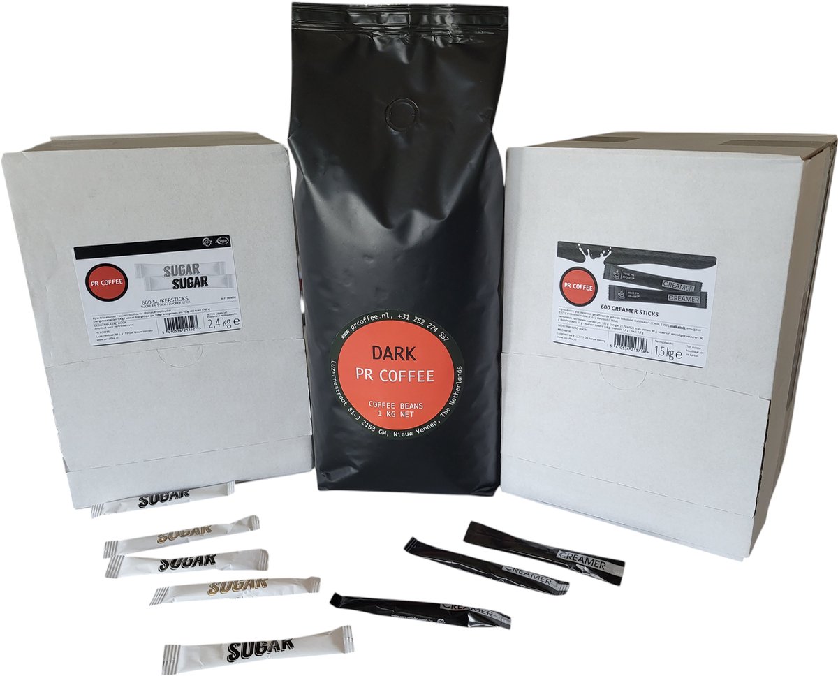 Goedkoopste PR Coffee 1 Kg Dark Roast koffiebonen MET Suikersticks 600 stuks MET Creamersticks 600 st | voordeelset | combideal