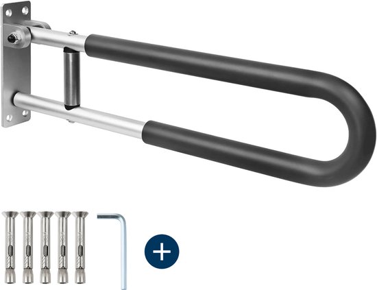 Opklapbare toiletbeugel met zwarte handgrepen, aluminium frame, inclusief pluggen en inbussleutel.