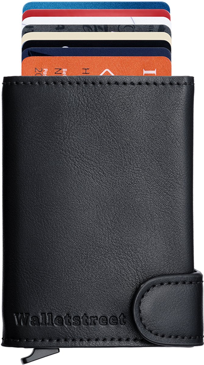 WalletStreet™ Leren Uitschuifbare Pasjeshouder – RFID / Anti-Skim Creditcardhouder – 9 Pasjes + Brief en muntgeld – Compacte Lederen Portemonnee voor Mannen & Vrouwen – Zwart