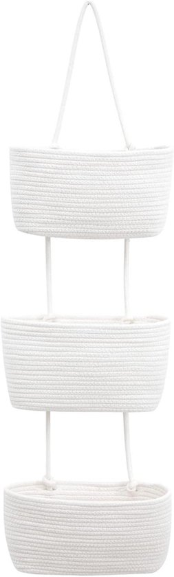 Hangende organizer, 3-traps deurmand, wand-gemonteerde organizer, opbergmanden van katoenen touw, hangmand voor het opbergen van woonkamer, slaapkamer, badkamer, kinderkamer (A