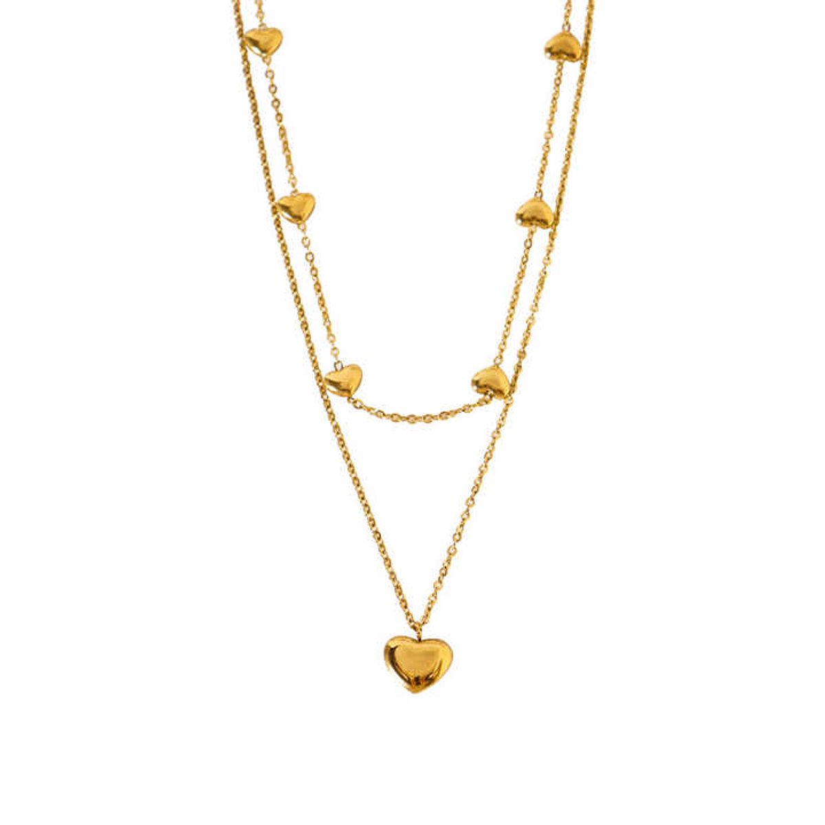 Luxxie - Dubbellaags Hartjes Ketting - Goudkleurig - RVS - 42 cm