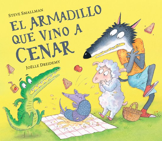 La couverture de « El Armadillo Que Vino A Cenar » montre un crocodile, un mouton et un loup regardant un tatou assis sur une couverture de pique-nique.