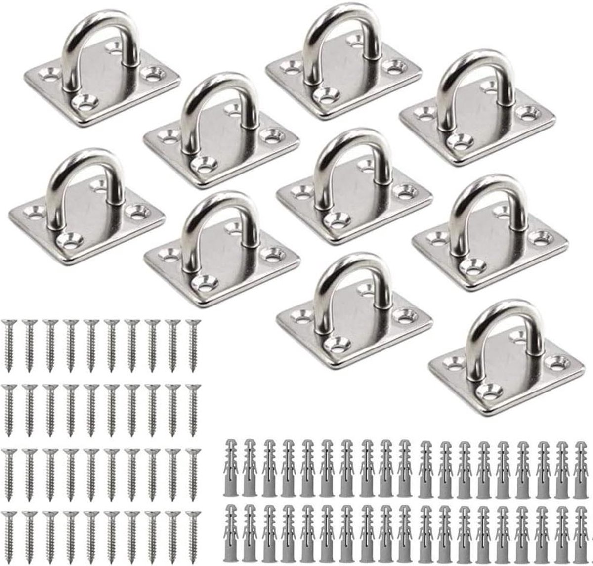 10 stuks RVS oogplaten met oogjes voor boot en hangmat - Wandhaken en plafondbevestiging - Roestvrijstalen dekplaat