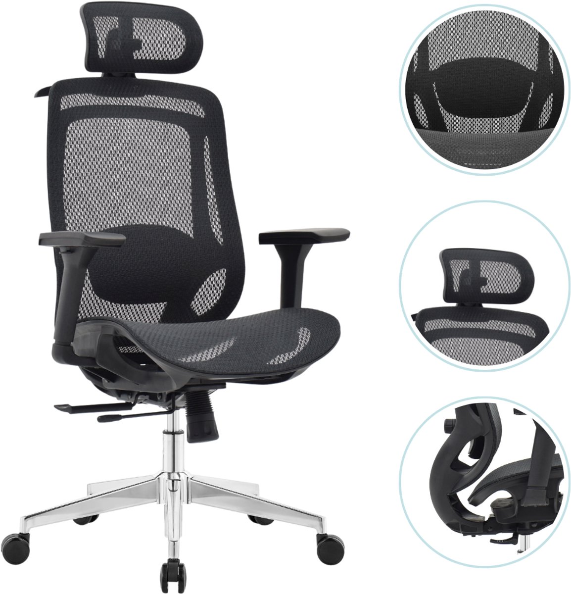 OfficeSense OS150 Ergonomische Bureaustoel – Mesh Office Chair – 4D Armleuningen – Verstelbare Zitdiepte – NEN1335 – Hoofdsteun – Zwart - OfficeSense - €189,00
