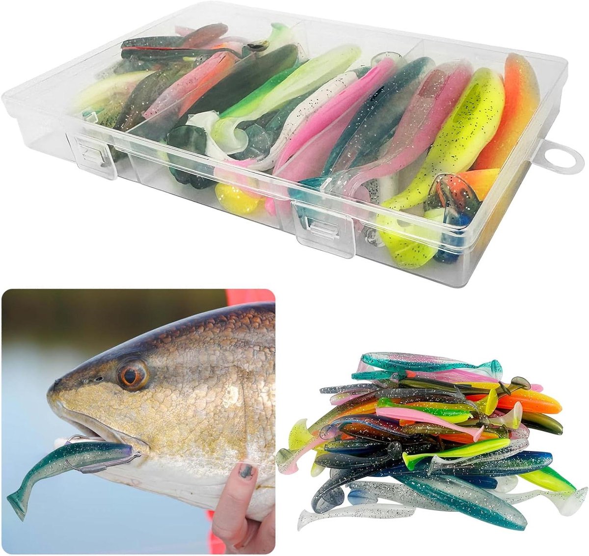 Allecto Plus - Set van 46 stuks rubberen visaas met geïntegreerde reflecterende pailletten voor baars, snoekbaars en forel - Zwemaas in 6/9/12 cm - Rubberen visset - Vissen aasset