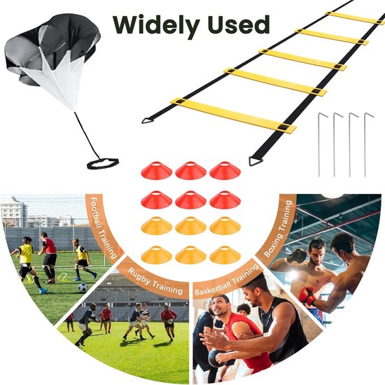RFWR® Speed Agility Training Kit voor Voetbal - 6 Meter Ladder met 12 Kegels en Parachute voor Weerstand Training van RFWR — afbeelding 3