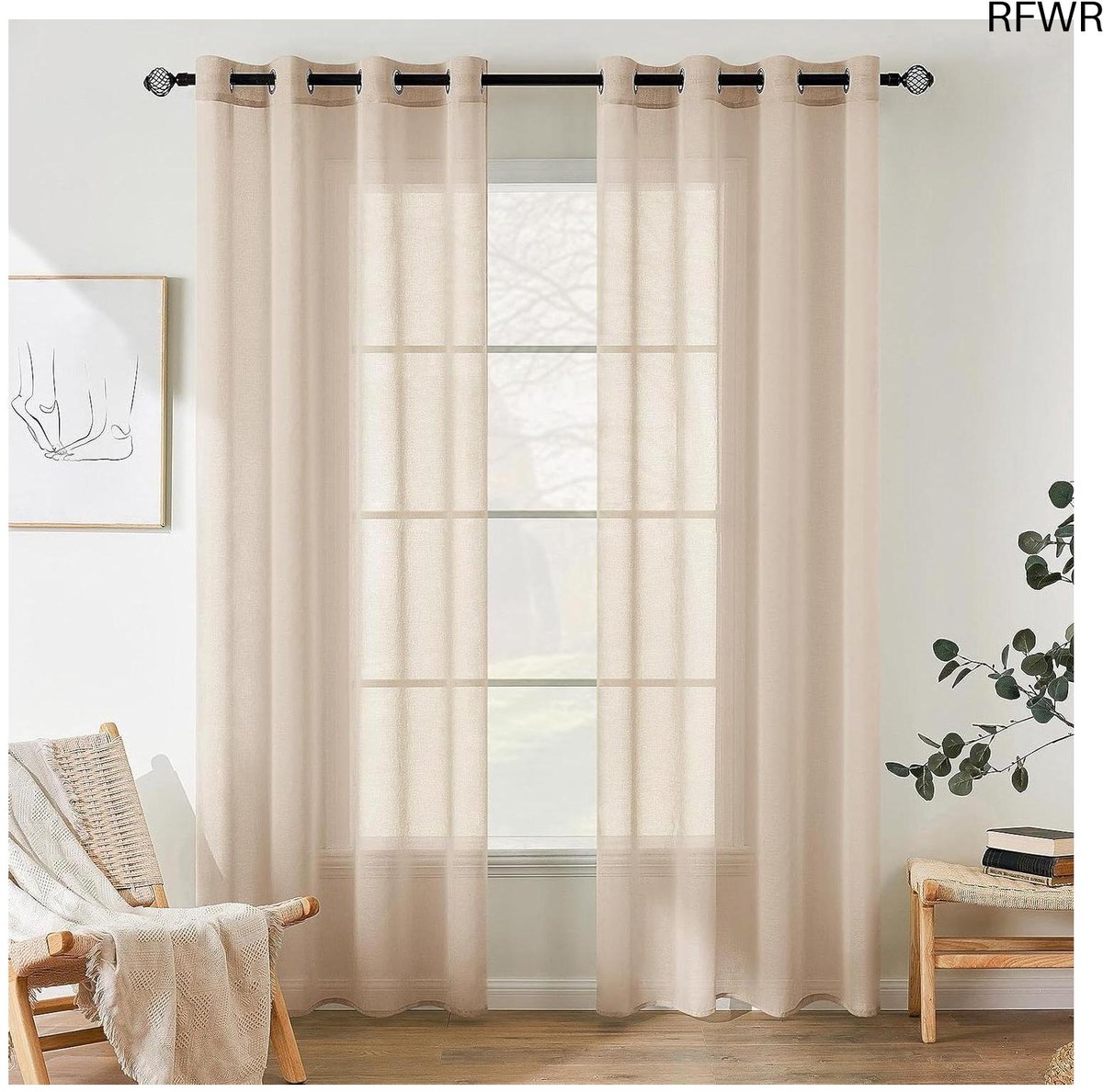 RFWR® Doorzichtige zachte raamgordijnen van voile - 140 x 122 cm, licht kaki, 2 stuks voor slaapkamer en woonkamer