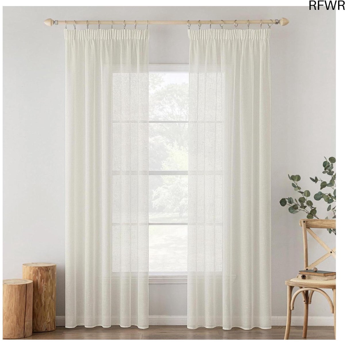 RFWR® Transparante gordijnen met ruches voor slaapkamer en woonkamer, 140 x 235 cm, crèmekleurig