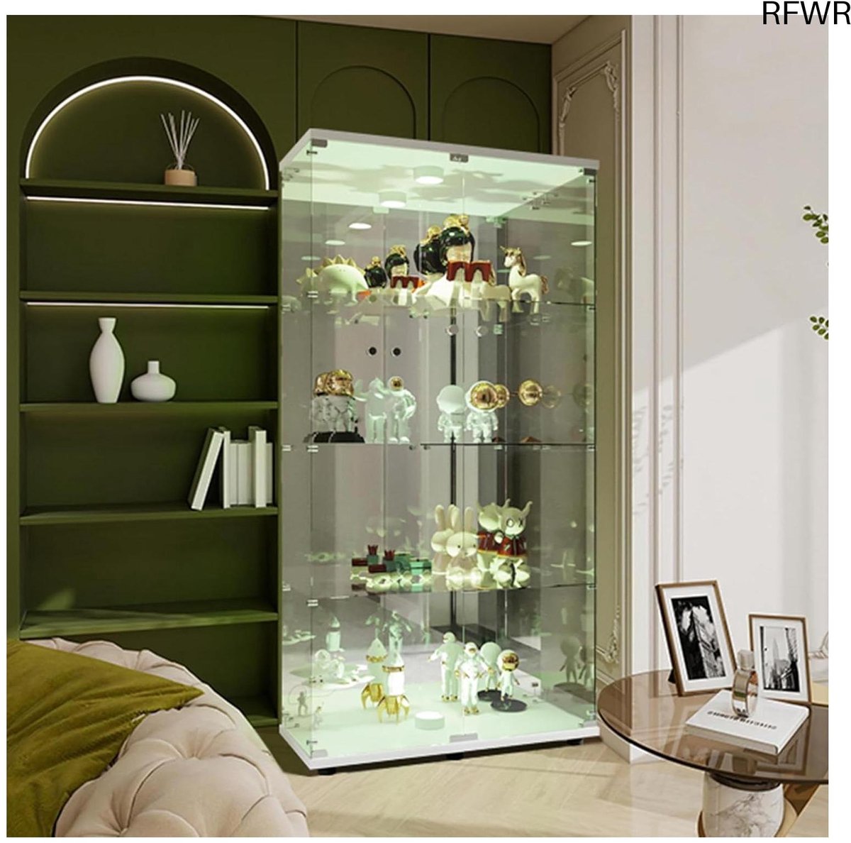 BPKADHY Glazen vitrine, staande vitrinekast, 4 lagen, glas, hout, 2 deuren met slot, wit, voor woonkamer, slaapkamer, kantoor
