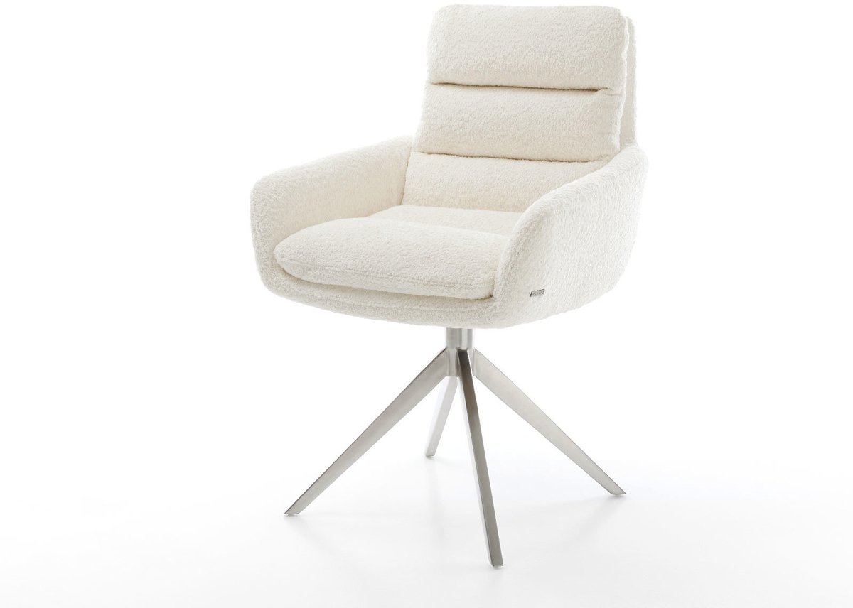 Eetkamerstoel Abelia-Flex met armleuning kruisframe breed roestvrij staal bouclé wit 360°