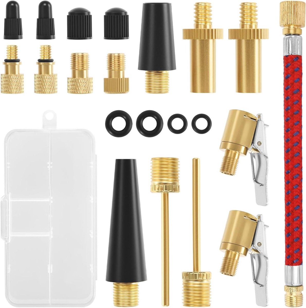 Allecto Plus - Fietsventieladapterset: 21-delige set voor autoventielen, Franse ventielen en diverse ventielpompen. Adapter voor autobanden, fietsen en ballen. Optimaliseer je toebehoren met deze handige set.
